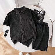 Teenager & Young Men Vintage Washed Fabric Button Down Shirt And Shorts Set, Loose Casual Outfit For
