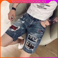 Ready Stock Summer Retro Ripped Denim Shorts Men's Loose Straight Knee-Length Pants Celana pendek le