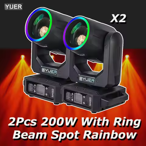 2Pcs 200W LED With Ring Beam Spot Moving Head Light With 18 Rotating Prism Rainbow Effect DMX512 Dis