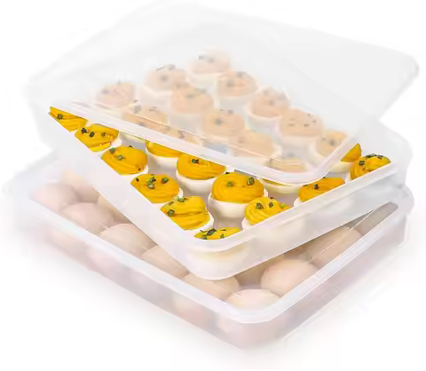 Set of 2 Stackable Deviled Egg Containers for 48 Eggs, Clear Plastic Tray with Lid for Fridge and Pa