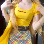 Slim Fit Shoulder Tattoo Ladies Golf Printed T Shirt Casual Pure Yellow Collared Short Sleeve Summer