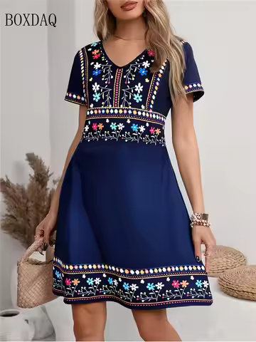 Vintage Ethnic Print Dresses For Women 2026 Summer Loose Bohemian Short Sleeve Dress Casual Female C