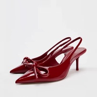 Authentic Spain style 2025 ZARAˉ High-heeled Shoes Womens 2024 Autumn New French Red Bow Patent Leat
