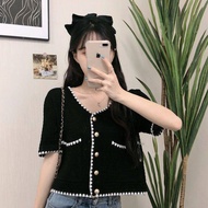 Onefashionmall atasan wanita terbaru 2023 Crop Top Kardigan Rajut Wanita Lengan Pendek Outer Sweater