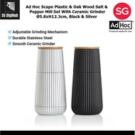 AdHoc Scape Plastic & Oak Wood Salt & Pepper Mill Set with Ceramic Grinder Ø5.8xH12.3cm, Black & Sil
