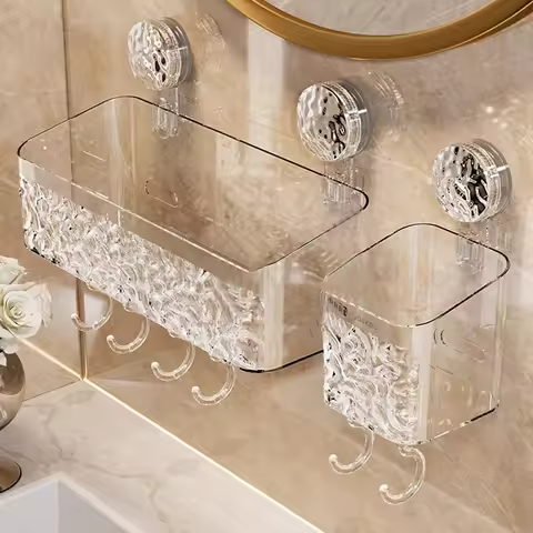 Shower Suction Cup Shelf Basket Light Glacier Pattern One Second Installation bathroom Organizer Sto