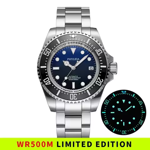 PHYLIDA 500M 43.5mm Men's Diver Watch NH35 Automatic Sapphire Stainless Steel 50Bar Big Heavy Wristw