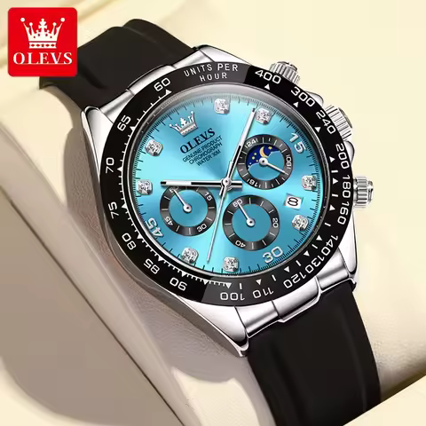 OLEVS 2875 Top Brand Original Men Watches Moon Phase Silicone Adhesive Tape Quartz Watch Waterproof 