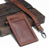 GANTUNGAN Genuine Cowhide ID Card Holder with Free Name Logo Printing, Lanyard Lanyard, Includes 4 s