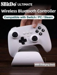8bitdo Switch控制器配充電座，終極PC遊戲手柄無線搖杆帶霍爾效應感應，與Switch PC Windows 10 11 Steam Deck兼容，遊戲機無線Pro控制器