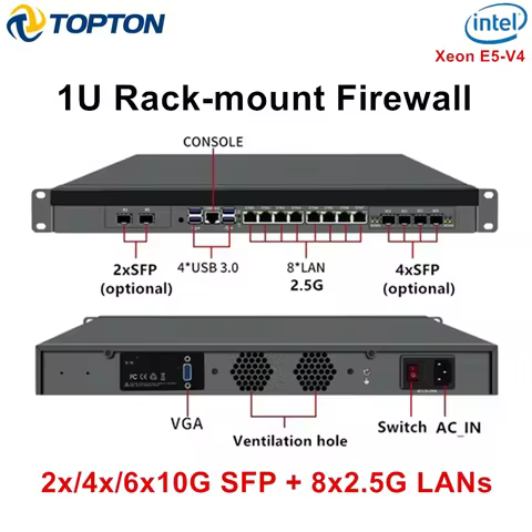 Topton 1U Rack Mount 4*/2*10G SFP Firewall Mini PC Intel Xeon E5-2699V4 2695V4 C612 X99 8*2.5G LAN 2