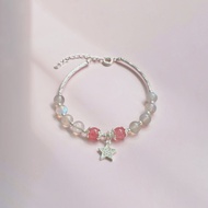 Vòng tay bạc năng lượng thạch anh dâu mix đá mặt trăng dành cho nữ thu hút may mắn tình duyên freesi