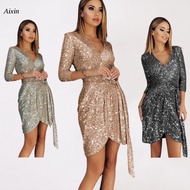 Sexy V-Neck Glitter Lace-Up Metallic Gold Party Dress