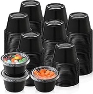 AOZITA 120-4 oz Black Portion Cups, Small Plastic Containers with Lids, Airtight Souffle Cups, Salad