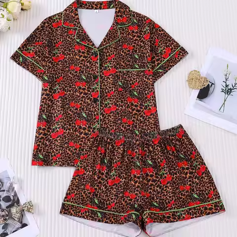 Ladies' Fresh Cherry Leopard Print Pajama Set with Short Sleeves, Collars, Cardigans, Shorts, Fresh 