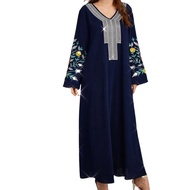 Arabian Navy Blue Abaya Embroidered Flower Sleeves - S