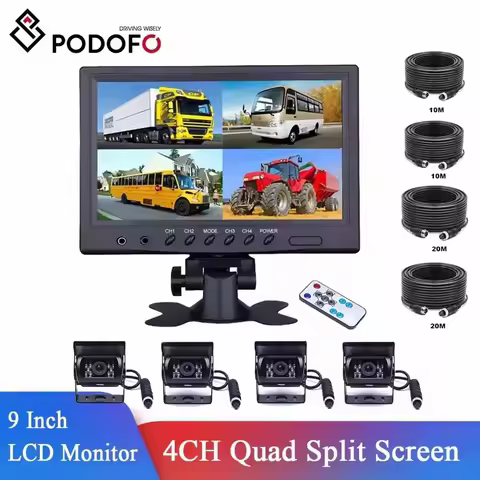 Podofo Vehicle Car Rear View 9" LCD Monitor 4CH Quad Split Screen 4Pin for Bus Truck Caravan Van Mot