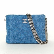 CHANEL 牛仔藍牛仔晶片開銀扣愛心金球肩帶23P山茶花hobo藍肩背包