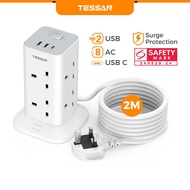 TESSAN Tower Extension Socket with USB+Type C,Surge Protector Multi Plug Extension Cord Power Strip