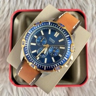 Fossil FS5625 Garrett Chronograph Watch with Silver Case Rotating Bezel and Blue Dial in Luggage Lea