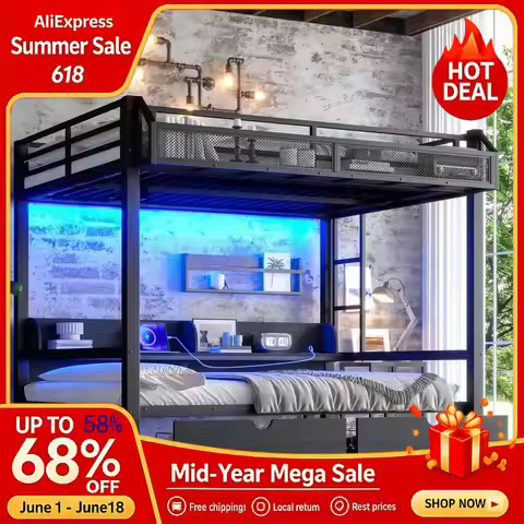 Bright Designs Heavy Duty Metal Bunk Bed Queen Over Queen, Lower Bed Can Be Converted Into A Sofa, B