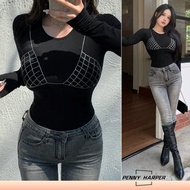 【PENNY HARPER】Women's Rhinestone Embellished Crew Neck Long Sleeve Slim Fit T-Shirt