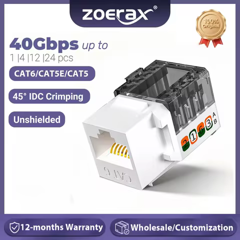 ZOERAX CAT6 Keystone Jack, RJ45 Network Module 45° IDC Terminals, Compatible with 22-26 AWG Solid Ca