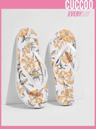 CUCCOO EASI 女式鞋子花朵圖案拖鞋,室內時尚白色pvc夾腳拖鞋,適用於春夏季節