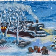 假日火車油畫，冬天插畫，聖誕節，假期旅行