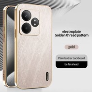 電鍍金絲紋皮質適用於realmeGT7REALM75國外時尚男女款手機殼realmeGT7PRO國外防汗防指紋手機保護套realmeGT6GTNEO6E輕奢皮質保護殼-金色 Realme  GT6