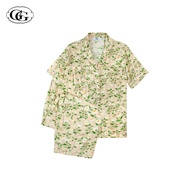 G&G ชุดนอน เสื้อแขนสั้นคอปก กางเกงขายาว ผ้าเรย่อน ลายดอกไม้ EN3R007 สีเบจ (BE)