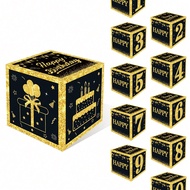 1pc Black Golden Birthday Paper Box,Birthday Decoration Boxes,Elegant Square Paper Boxes,Sophisticat