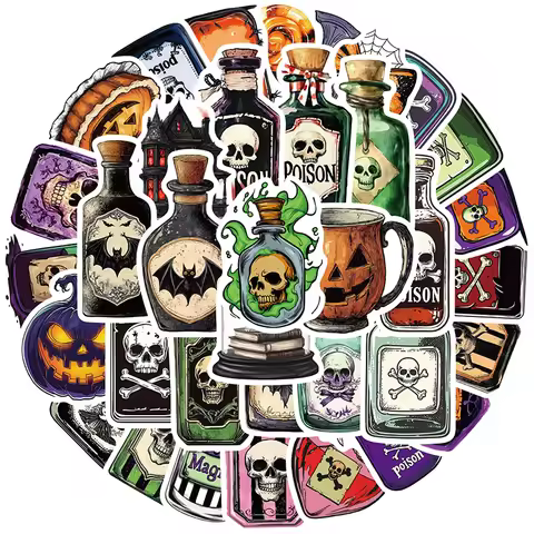 50PCS Retro Halloween Magic Potion Stickers Magic Skull Bat Potion Sticker Skull Pumpkin Theme Potio