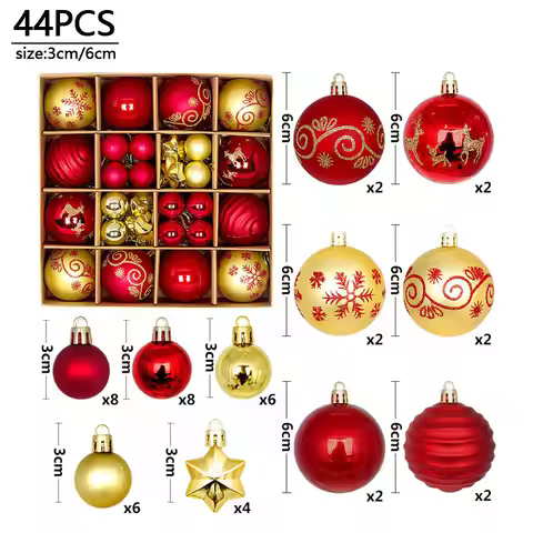 44pcs Mixed Christmas Ball Ornament Red White Gold Xmas Tree Hanging Bauble Pendants Christmas Decor