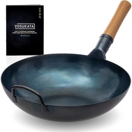 YOSUKATA Flat Bottom Wok Pan - 34 cm/13.5" Blue Carbon Steel Wok- Preseasoned Carbon Steel Skillet - Traditional Japanes