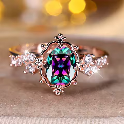 Mystic Rainbow Crystal Oval Stone Flower Rings For Women Trendy Rose Gold Color Wedding Ring Bridal
