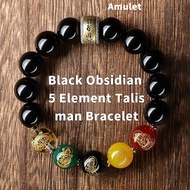 Black Obsidian 5 Elements Wealth Talisman Bracelet | Unisex Luck-Attracting Bracelet for Zodiac Year