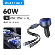Vention Car Charger 60W Fast Charging Built in Type C Lightning Cable 3 Port for SAMSUNG S24 Ultra S