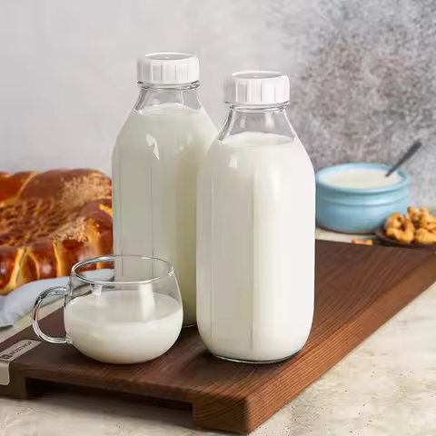2PCS Transparent Glass Milk Bottle Sealed 32OZ Glass Juice Bottle Capacity Marking with Dispenser Li