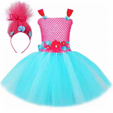 Trolls Tutu Dress for Girls Princess Poppy Costume Toddler Kids Halloween Carnival Birthday Party Ma