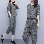 ชุดเสื้อ+กางเกง ผ้าคอตตอนลินินลายสก๊อต มาจากญี่ปุ่นชุดสูทผ้าฝ้ายลายสก๊อตสำหรับผู้หญิง