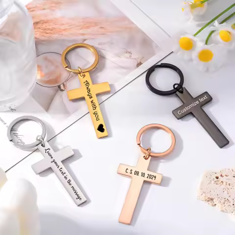 1Pc Custom Stainless Steel Cross Key chain Jesus Christian Bible Verse Metal Pendant Faithful Christ