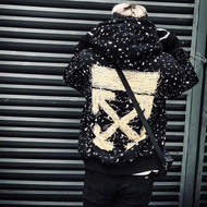 Off White full-body paint-splattered 2-layer brocade hooded sweatshirt, loose basic form, hot trend 
