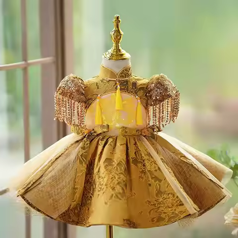 Jill Wish J490 Luxury Gold Flower Girl Dress Knee Length Puffy Sleeve Children Princess Wedding Todd