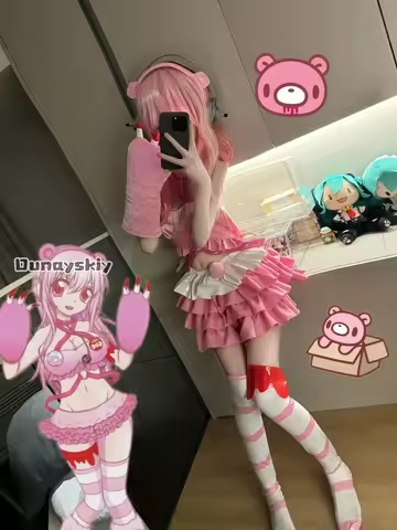 SUPER SONICO GRG Racing Queen Genus Gloomy Bear Cosplay Costume with socks Pink Suit with Wig