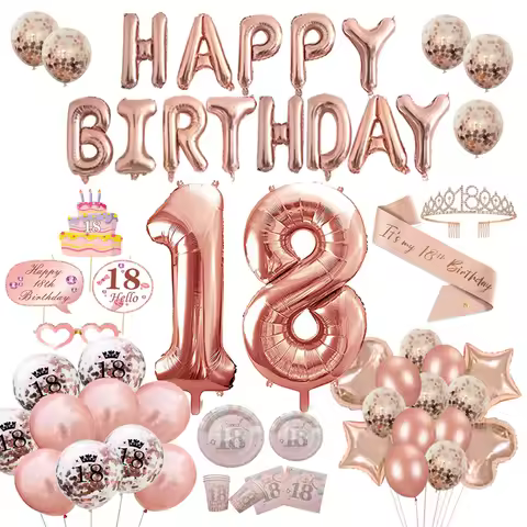 RoseGold 18 Year Old Men and women Birthday Articles Balloon Banner Disposable Tableware 18th Annive