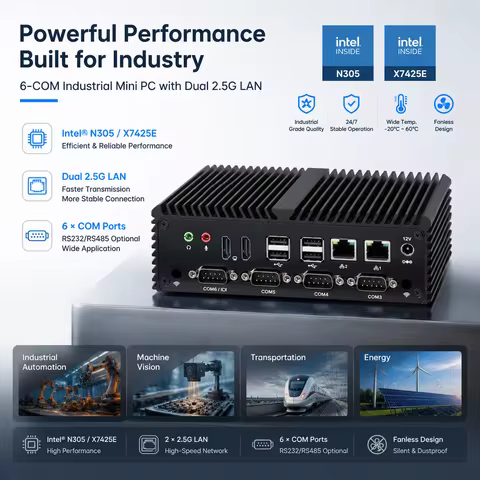 Qotom N305 X7425E Industrial Mini PC 6 COM Serial Port RS232 RS485 Fanless Embedded Barebone Rugged 