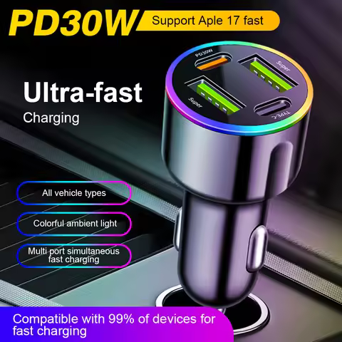 Car Charger USB C Cigarette Lighter USB Charger Fast Charging Dual USB-C USB-A Car Phone Charger Ada