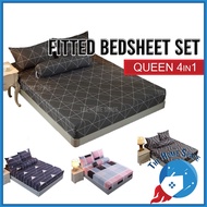 Premium Cotton 4in1 Queen / 2in1 Single Size Fitted Bedsheet Sets Cadar Getah Keliling 360 Sarung Ti