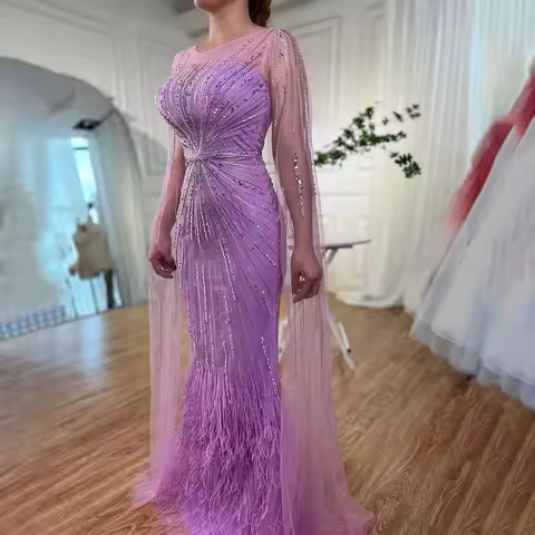Customized Dubai Lilac Feathers Evening Dresses With Cape Sleeves 2025 Arabic Long Wedding Party Pro